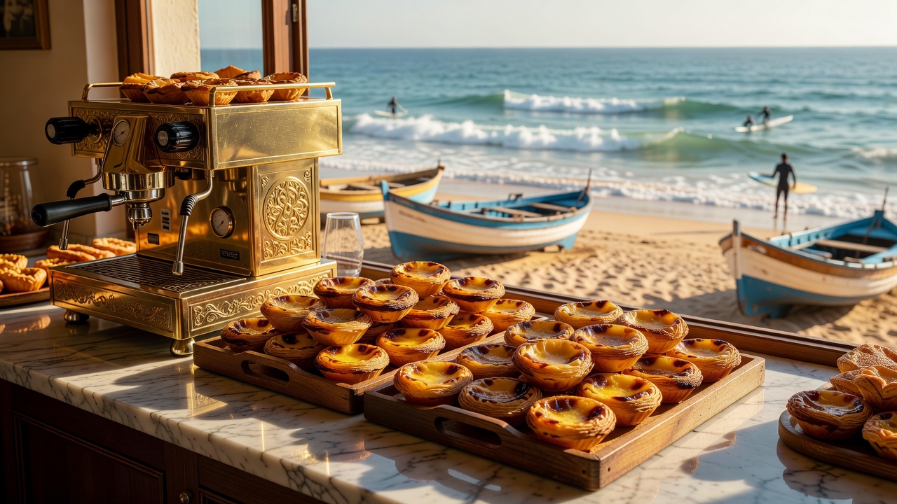 Brass espresso machine and trays of warm pastéis de nata on a marble counter in a Portuguese surf town