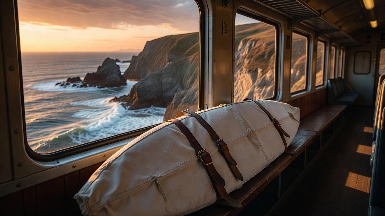 Canvas surfboard bag strapped beside a window on a regional coastal train overlooking cliffs at sunset