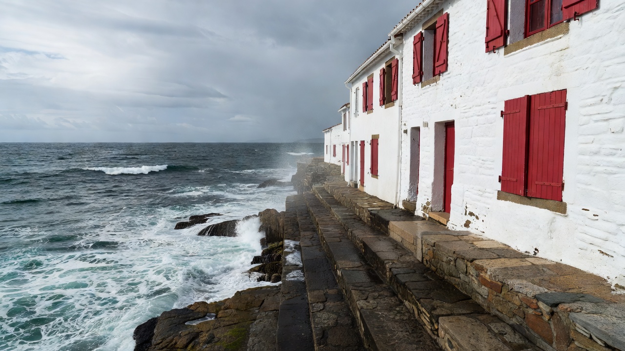 Stone slipway and whitewashed Basque shutters overlooking the Atlantic in Guéthary, France