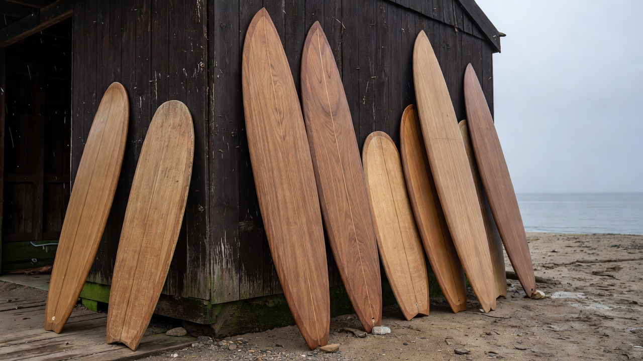Hand-planed wooden alaia surfboards and Cornish ply bellyboards leaning against a dark timber boat shed